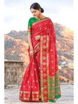 Sangam Prints - Red Cotton Woven Work Traditional Saree with Unstitched Blouse
