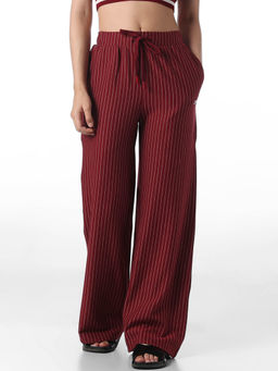 ONLY - Womens Stripes Loose Fit High-Rise Maroon Pants