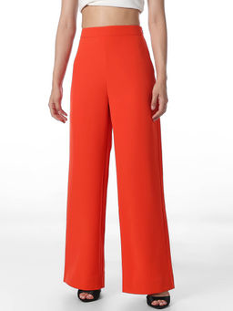 ONLY - Womens Solid Flared High-Rise Orange Pants