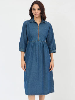 Femmella - Navy Blue Front Zip Up Denim Midi Dress