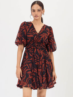 Femmella - Black and Brown Leaf Printed Mini Dress