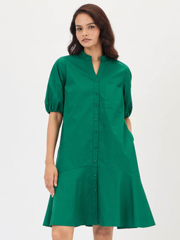 Femmella - Green Poplin Button Down Knee Length Dress