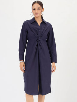 Femmella - Navy Poplin Knot Detail Midi Dress