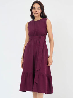 Femmella - Cotton Gauze Wine Sleeveless Tiered Midi Dress with Belt