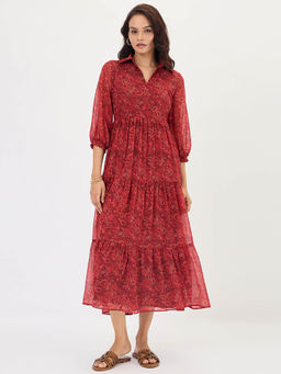 Femmella - Maroon Paisley Tiered Midi Dress