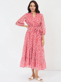 Femmella - Red and White Floral Print Midi Dress with Belt