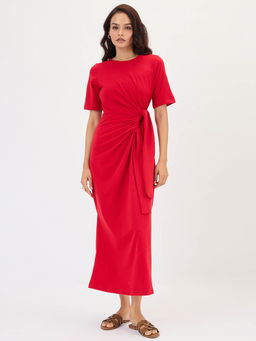 Femmella - Red Cotton Knit Tie-Up Midi Dress