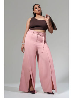 FREAKINS - Curve Petal Pink Belted Flared Korean Pants with Belt