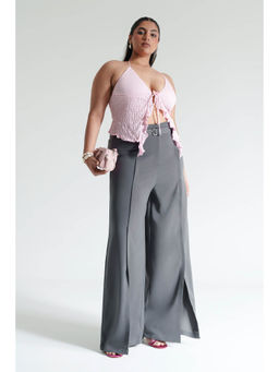 FREAKINS - Curve Moon Grey Belted Flared Korean Pants with Belt