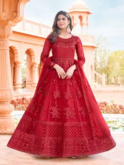 Odette - Stylish Red Net Semi Stitched Anarkali Suit (Set of 3)