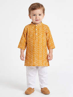 MINI KLUB - Baby Boys Mustard Floral Print Kurta and Pyjama