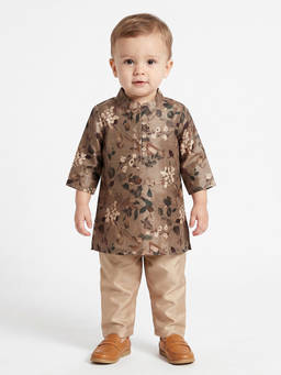 MINI KLUB - Baby Boys Brown Floral Print Kurta and Pyjama