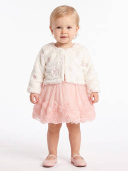 MINI KLUB - Baby Girls Peach Faux Fur Floral Dress with Jacket