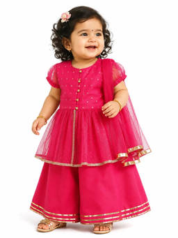 MINI KLUB - Baby Girls Pink Embellished Kurta Palazzo and Dupatta
