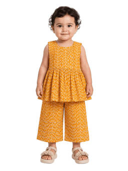 MINI KLUB - Baby Girls Mustard Cotton Leaf Print Kurta and Palazzo