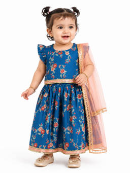 MINI KLUB - Baby Girls Blue Floral Print Lehenga Choli and Dupatta