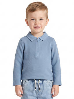 MINI KLUB - Kids Boys Blue Cotton Textured Zip Polo T-Shirt