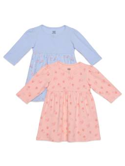MINI KLUB - Baby Girls Blue and Peach Cotton Dresses (Pack Of 2)