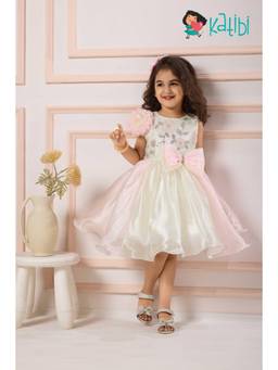 Katibi Kids - Off-White Embroidered Organza Fit and Flare Party Dress