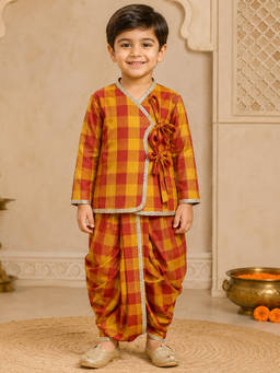 BAATCHEET - Full Sleeves Check Angrakha and Dhoti- Rust
