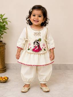 BAATCHEET - Embroidered Radharani Laado Jacket Kurta and Pyjama- Off White