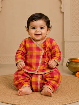 BAATCHEET - Full Sleeves Check Angrakha and Dhoti- Rust