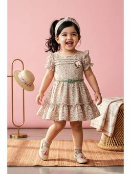 TINY GIRL - Tressel Puff Sleeves Floral Printed Dress with Belt