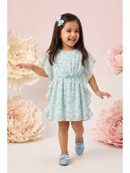 TINY GIRL - Tressel Half Sleeves Floral Printed Dress-Powder Blue