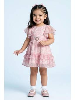 TINY GIRL - Tressel Half Sleeves Floral Printed Dress-Pink