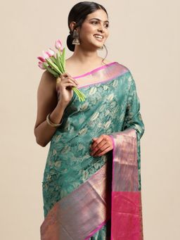 Vastranand - Teal & Gold-Toned Woven Design Zari Silk Blend Kanjeevaram Saree with Unstitched Blouse