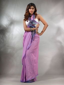 CHARUKRITI - Lilac Cotton Handspun Soft Saree with Contrast Grey Pallu & Unstitched Blouse