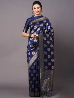 Odette - Navy Blue Festive Silk Blend Woven Design Saree with Unstitched Blouse