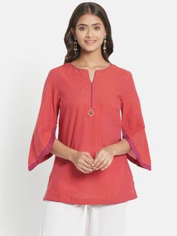 Fabindia - Pink Hand Embroidered Round Neck Cotton Short Kurta