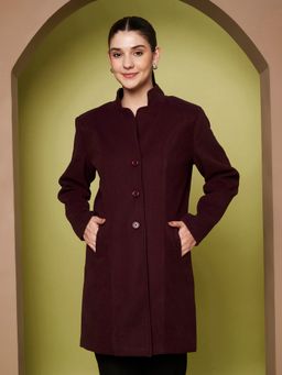 BRINNS - Women Mandarin Neck Solid Burgundy Trench Coat