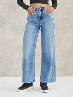 DOLCE CRUDO - Women Solid Blue Wide Leg High Waist Jeans