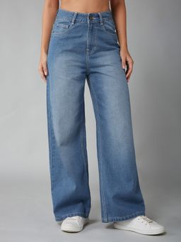 DOLCE CRUDO - Women Wide Leg Solid Blue High Waist Jeans