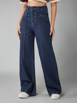 DOLCE CRUDO - Women Blue Solid Wide Leg High Waist Jeans