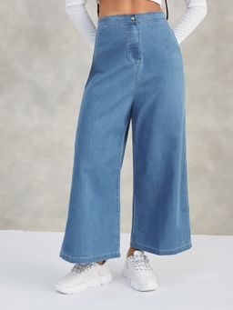 DOLCE CRUDO - Women Blue Solid Wide Leg High Waist Jeans