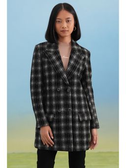 CRIMSOUNE CLUB - Women's Black Checked Notched-Lapel Double-Breasted Coat