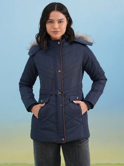 CRIMSOUNE CLUB - Women's Navy Blue Hooded Neck Quilted Jacket with Belt