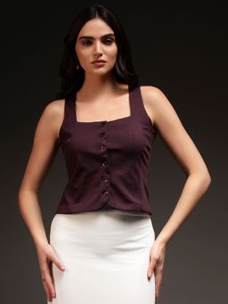 Trend Arrest - Women Burgundy Square Neck Solid Waist Coat
