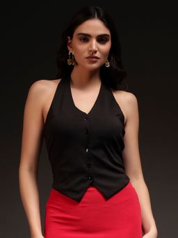 Trend Arrest - Women Black Halter Neck Solid Waist Coat