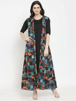 Indibelle - Rayon Black Double Layer Printed Kurta With Jacket (Set of 2)