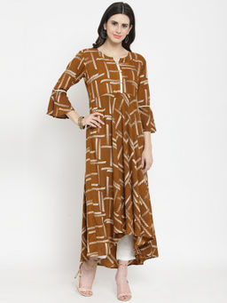 Indibelle - Rayon Brown Printed Flared Kurta