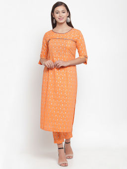 Indibelle - Orange Cotton Foil Print Straight Kurta