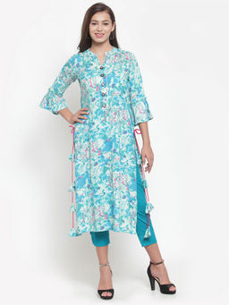 Indibelle - Turquoise Rayon Slub Abstract Print Straight Kurta