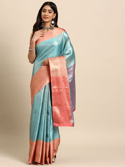 Silk Land - Blue Tissue Silver Zari Saree with Unstitched Blouse