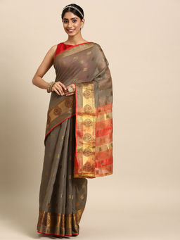 Silk Land - Grey Cotton Blend Woven Saree with Unstitched Blouse
