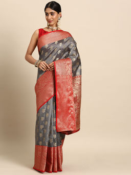 Silk Land - Grey Banarasi Woven Silk Saree with Unstitched Blouse