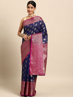 Silk Land - Navy Blue Banarasi Woven Silk Saree with Unstitched Blouse